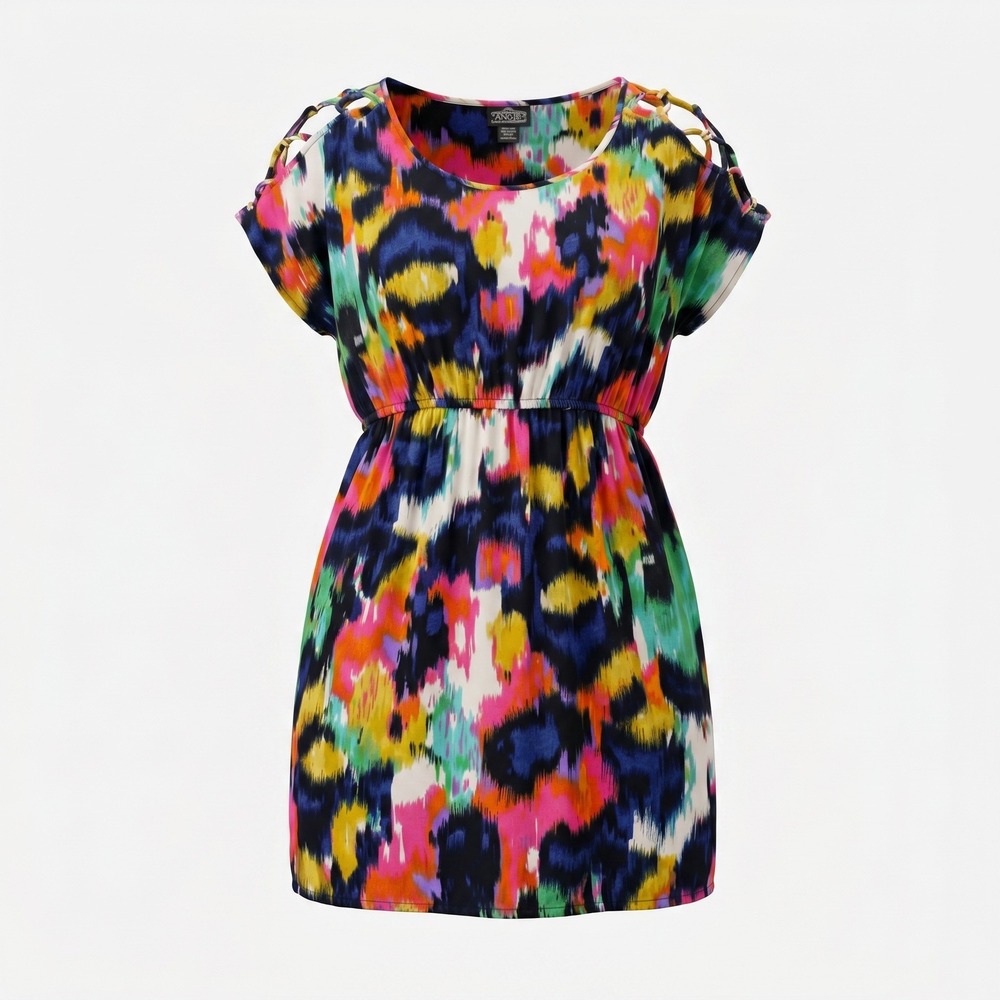 Angie Womens Ikat Watercolor Mini Dress Cold Shoulder Elastic Waist Multicolor L